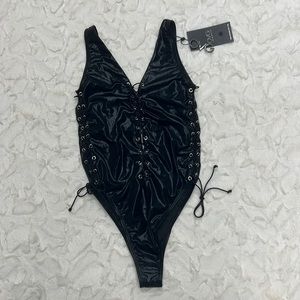 OMG Swimwear One‎ Piece Shiny Black Sexy Tie Up SwimSuit Sz M